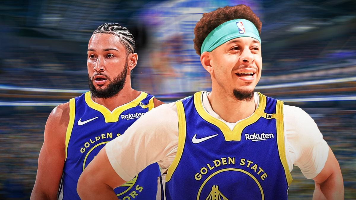 NBA players Ben Simmons and Seth Curry in Golden State Warriors jerseys with the GS Warriors arena in the background, free agency roster