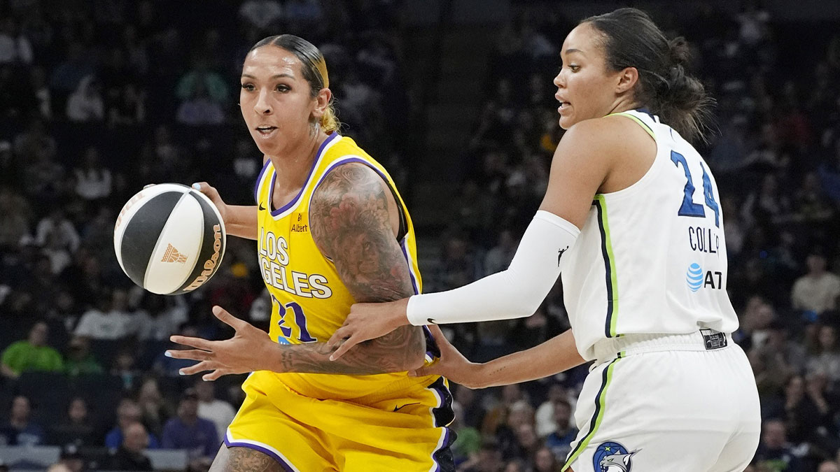 Los Angeles Sparks center Mercedes Russell (21) works around Minnesota Lynx forward Napheesa Collier (24) in the first quarter at Target Center.