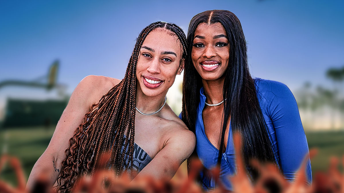 LA Sparks players Dearica Hamby and Rickea Jackson with the Venice Beach basketball courts in the background