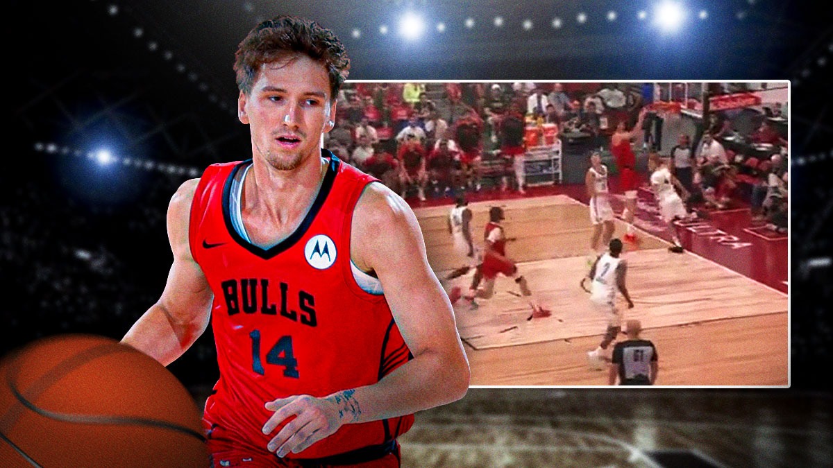 Chicago Bulls player Matas Buzelis alongside a screen shot of the dunk from this link, summer league