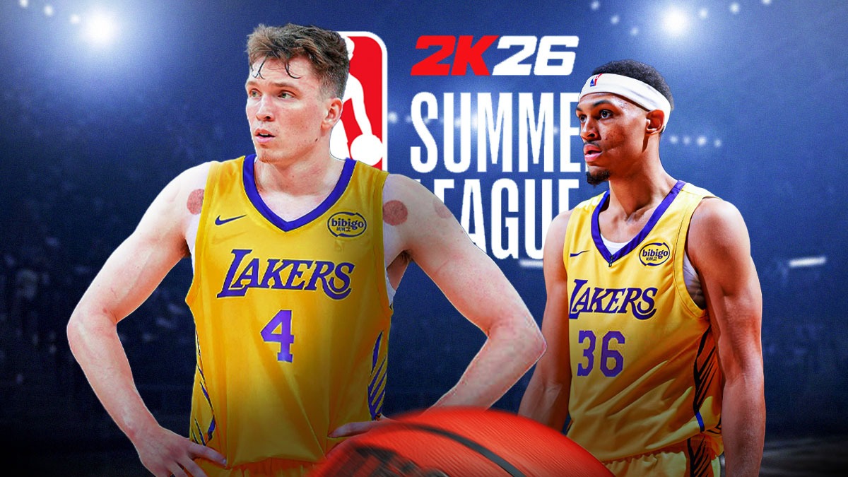 LA Lakers player Dalton Knecht alongside NBA player Darius Bazley. Have Darius Bazley in a LA Lakers jersey. Have the NBA Summer League 2K26 logo in the background