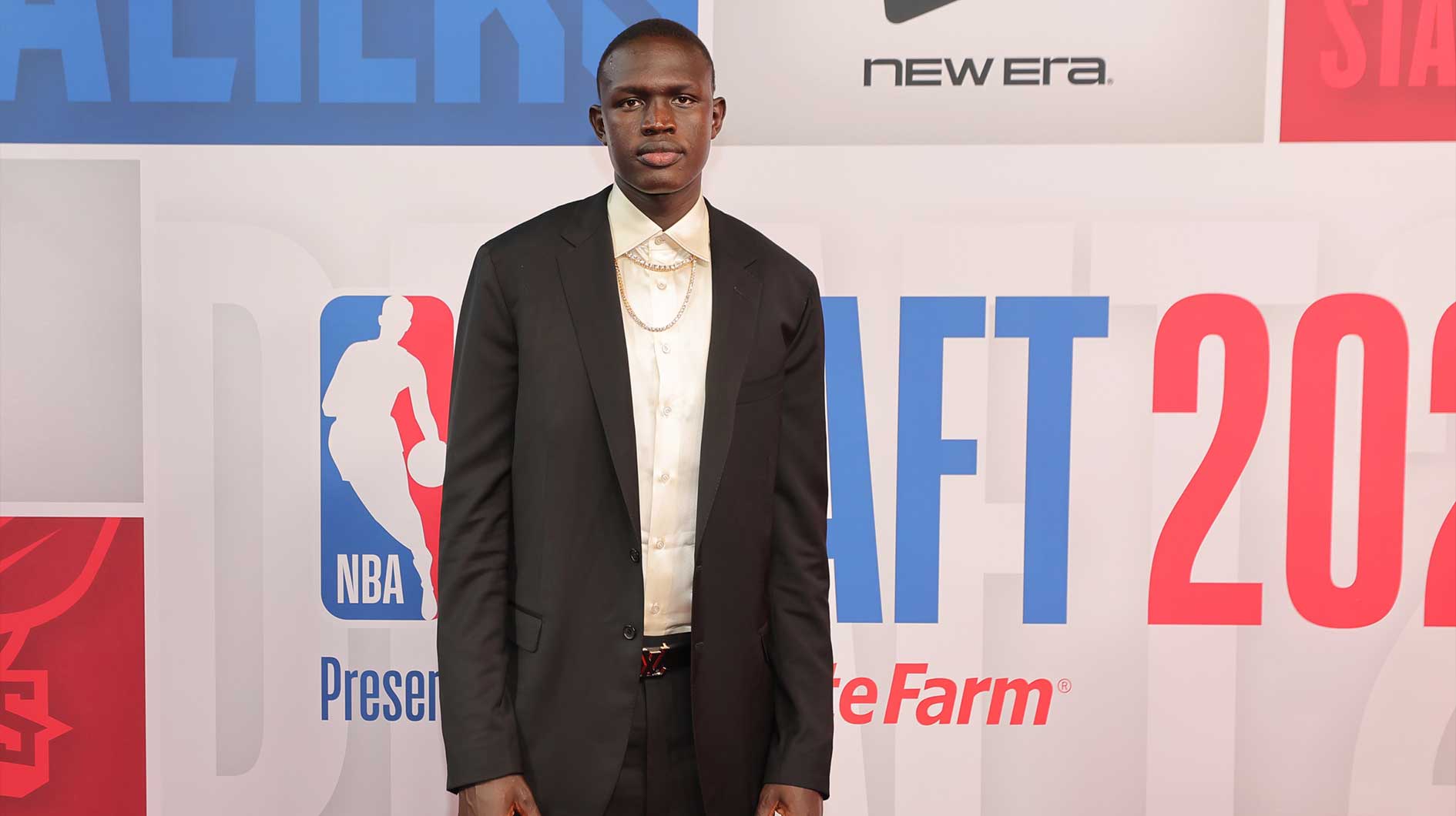 Khaman Maluach arrives before the first round of the 2025 NBA Draft at Barclays Center.