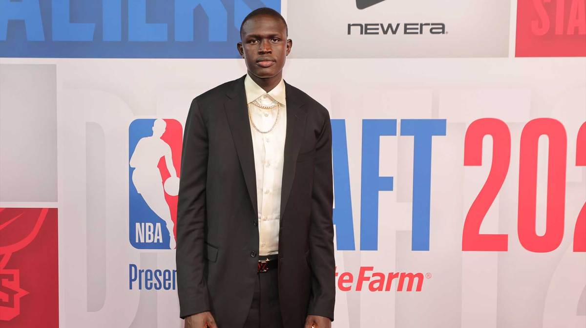 Khaman Maluach arrives before the first round of the 2025 NBA Draft at Barclays Center.