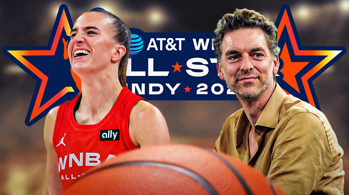 NY Liberty player Sabrina Ionescu alongside a current/recent image of NBA player Pau Gasol. Have the 2025 WNBA All-Star logo in the background, 3-Point Contest