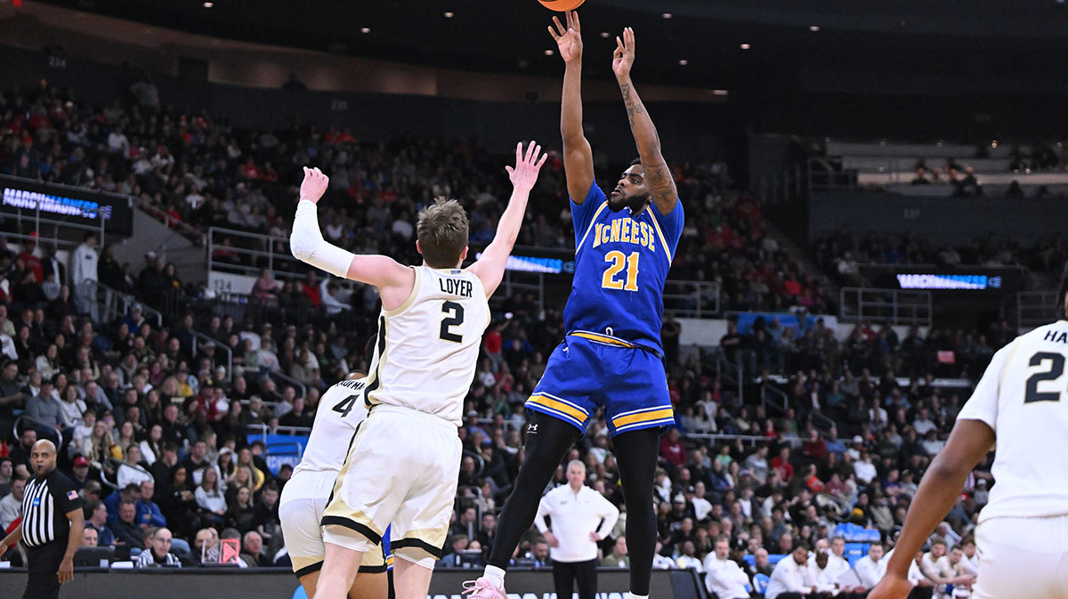 McNeese State Cowboys guard Sincere Parker (21) shoots against Purdue Boilermakers guard Fletcher Loyer (2) during the second half of a second round men’s NCAA Tournament game at Amica Mutual Pavilion.