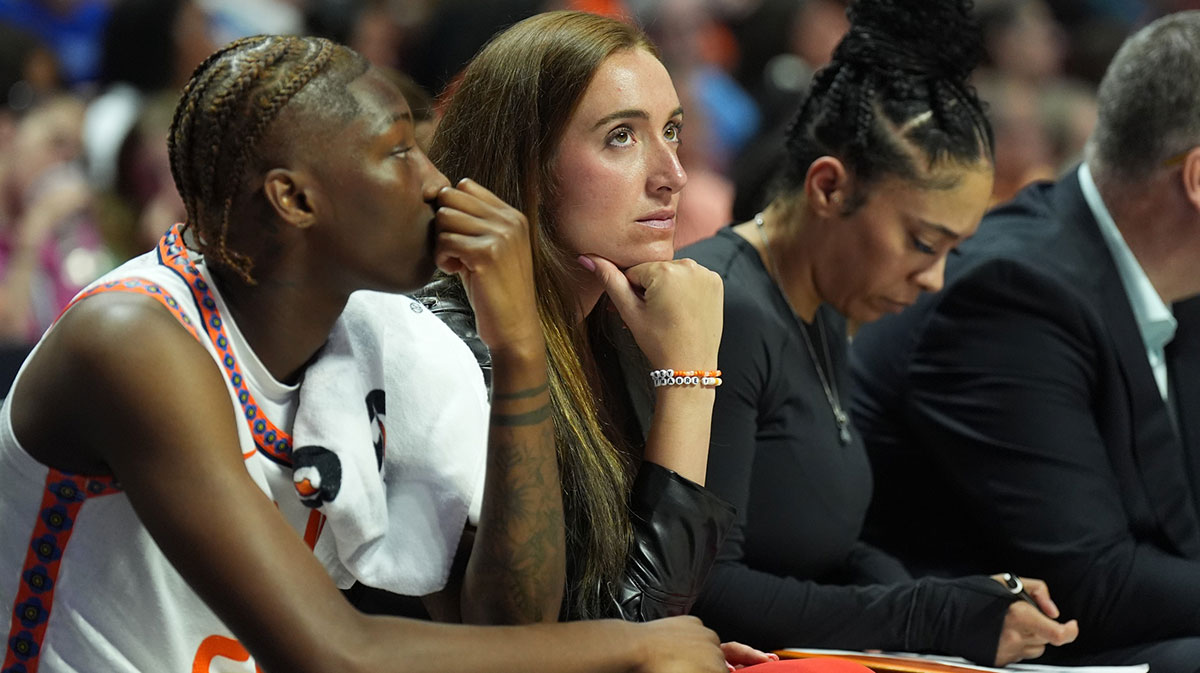 Connecticut Sun guard Marina Mabrey (3) on the bench as they take on the Las Vegas Aces in the second half at Mohegan Sun Arena.