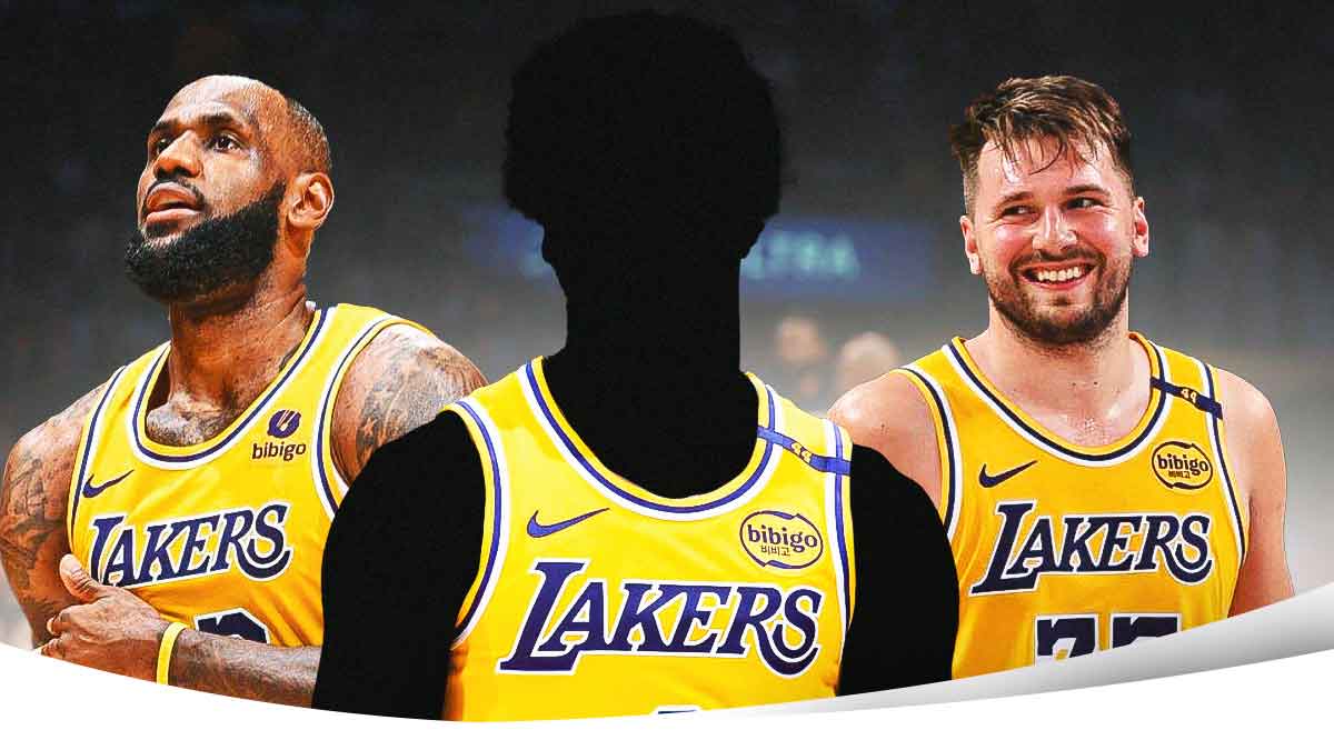 A shadowy player in a LA Lakers jersey in the middle. Have LA Lakers player Luka Doncic on one side and LA Lakers player LeBron James on the other side. Have the LA Lakers arena in the background, summer league offseason undrafted roster