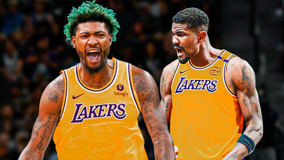 NBA player Marcus Smart in a LA Lakers jersey and NBA player Deandre Ayton in a LA Lakers jersey, offseason roster move signing