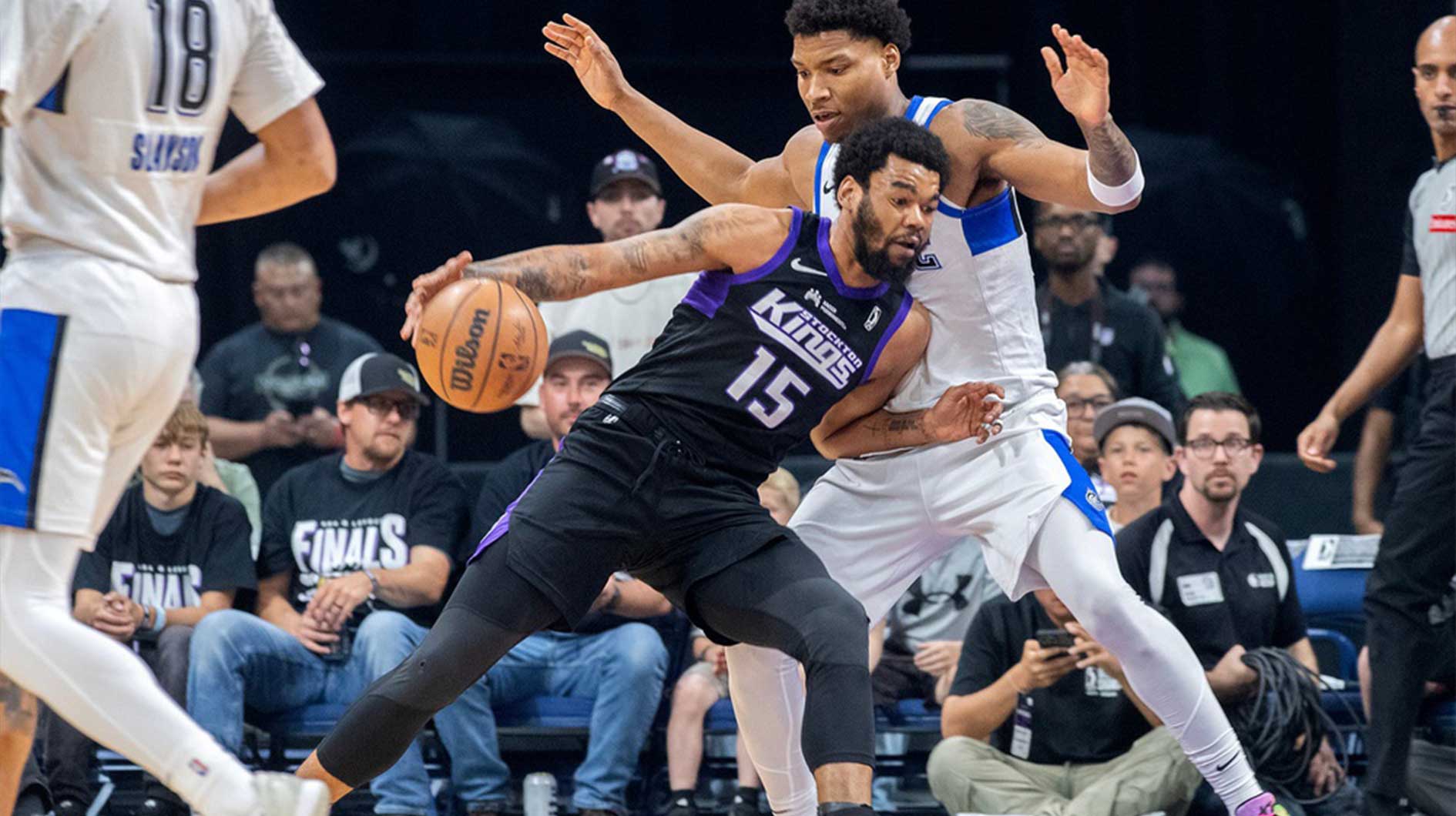 Stockton King’s Mason Jones, left, drives on Osceola Magic’s Myron Gardner during game 2 of the NBA G League final against the Osceola Magic at the Adventist Health Arena in downtown Stockton on Apr. 11, 2025. The Kings won 144 to 126.