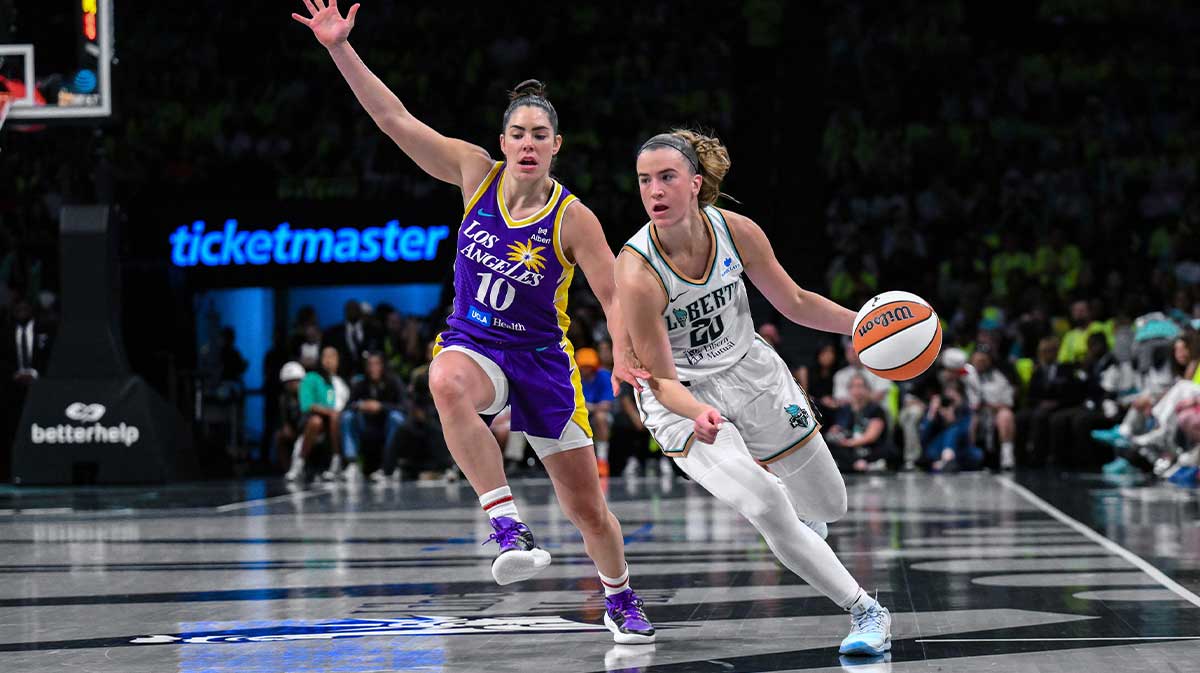 New York Liberty guard Sabrina Ionescu (20) drives to the basket while defended by Los Angeles Sparks guard Kelsey Plum (10) during the second half at Barclays Center.