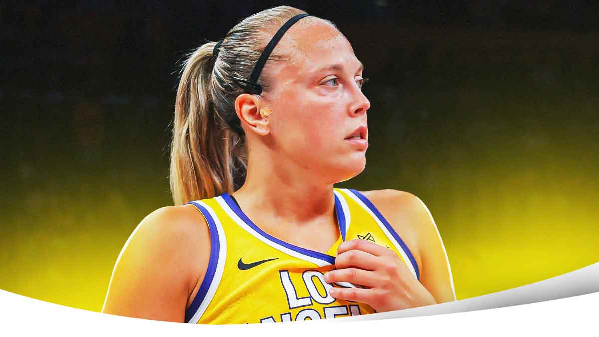 LA Sparks player Julie Allemand with the LA Sparks arena in the background, WNBA