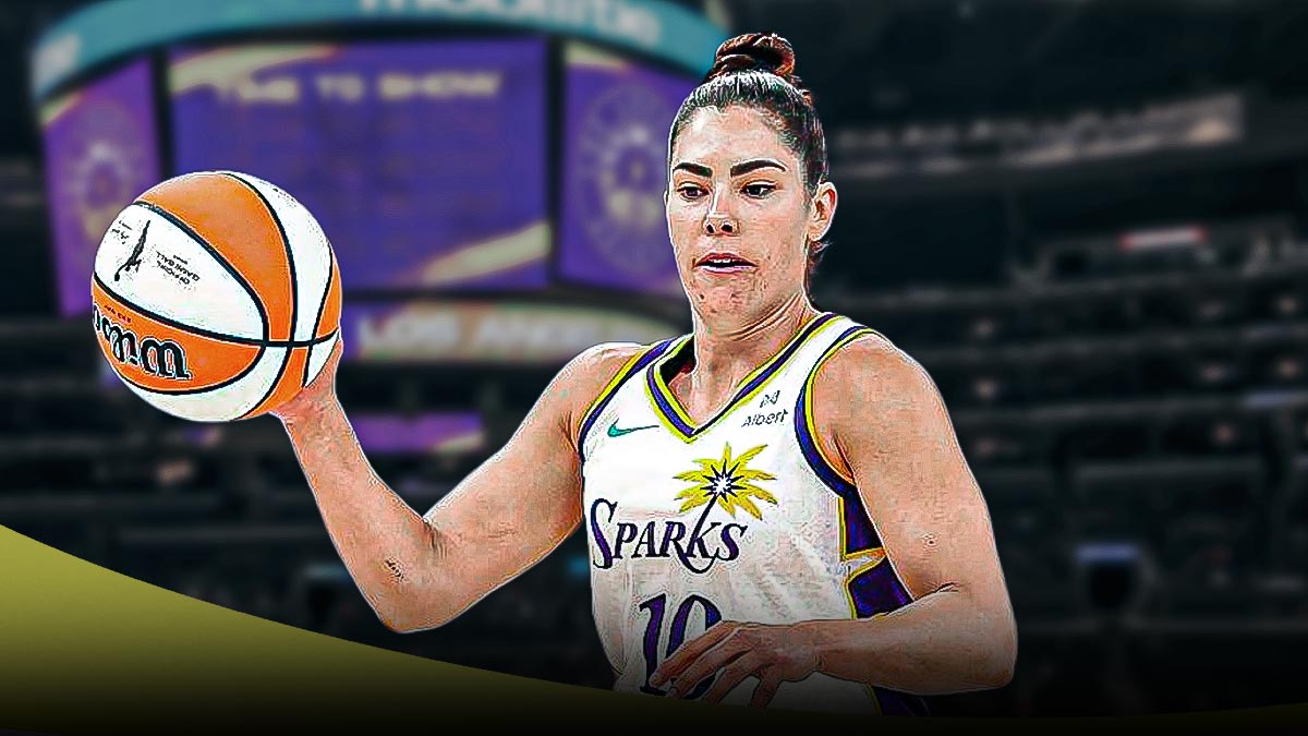 LA Sparks player Kelsey Plum with the LA Sparks arena in the background, WNBA