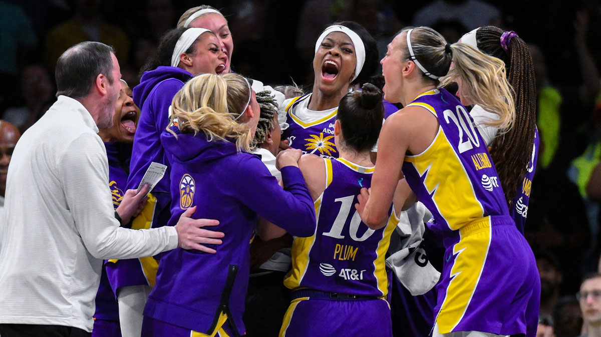 Los Angeles Sparks forward Rickea Jackson (2) celebrates with teammates after scoring the game winning basket at the buzzer during the second half against the New York Liberty at Barclays Center.