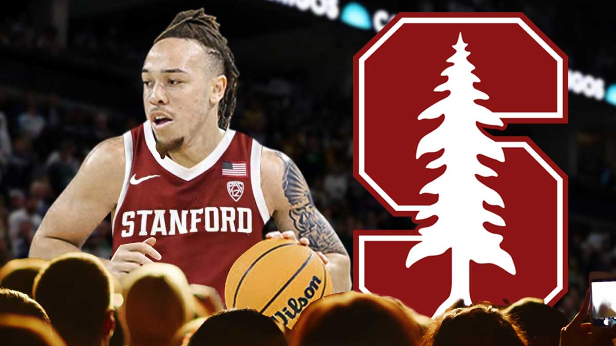 College basketball player Jeremy Dent-Smith in a Stanford basketball jersey. Have the Stanford logo in the background, transfer portal