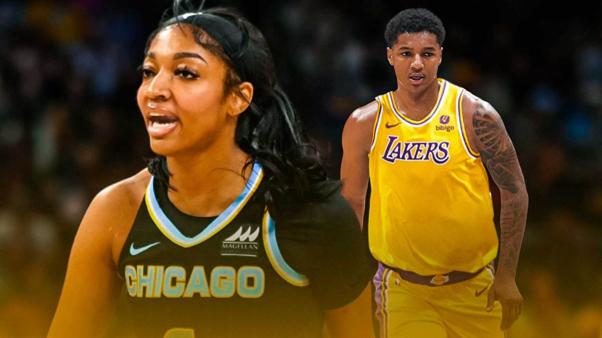 Chicago Sky player Angel Reese alongside college basketball player Julian Reese. Have Julian Reese in a LA Lakers jersey, brother