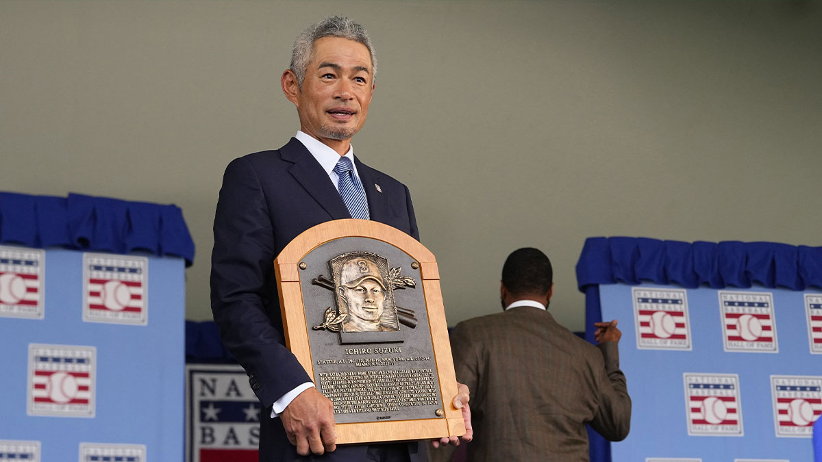 Hall of Fame inductee Ichiro Suzuki poses with his Hall of Fame plaque after the Baseball Hall of Fame Induction Ceremony at the Clark Sports Center.