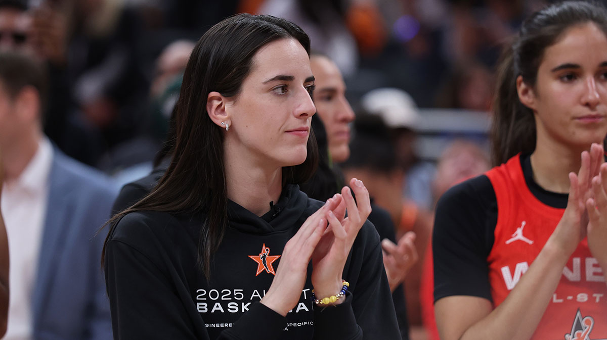 Team Clark guard Caitlin Clark (22) reacts after the 2025 WNBA All Star Game at Gainbridge Fieldhouse
