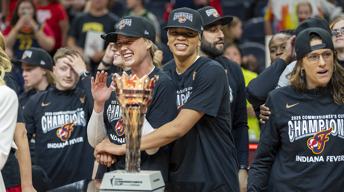 Indiana Fever guard Sophie Cunningham (8) celebrates with Indiana Fever guard Sydney Colson (51) after defeating the Minnesota Lynx during the Commissioner's Cup final at Target Center.