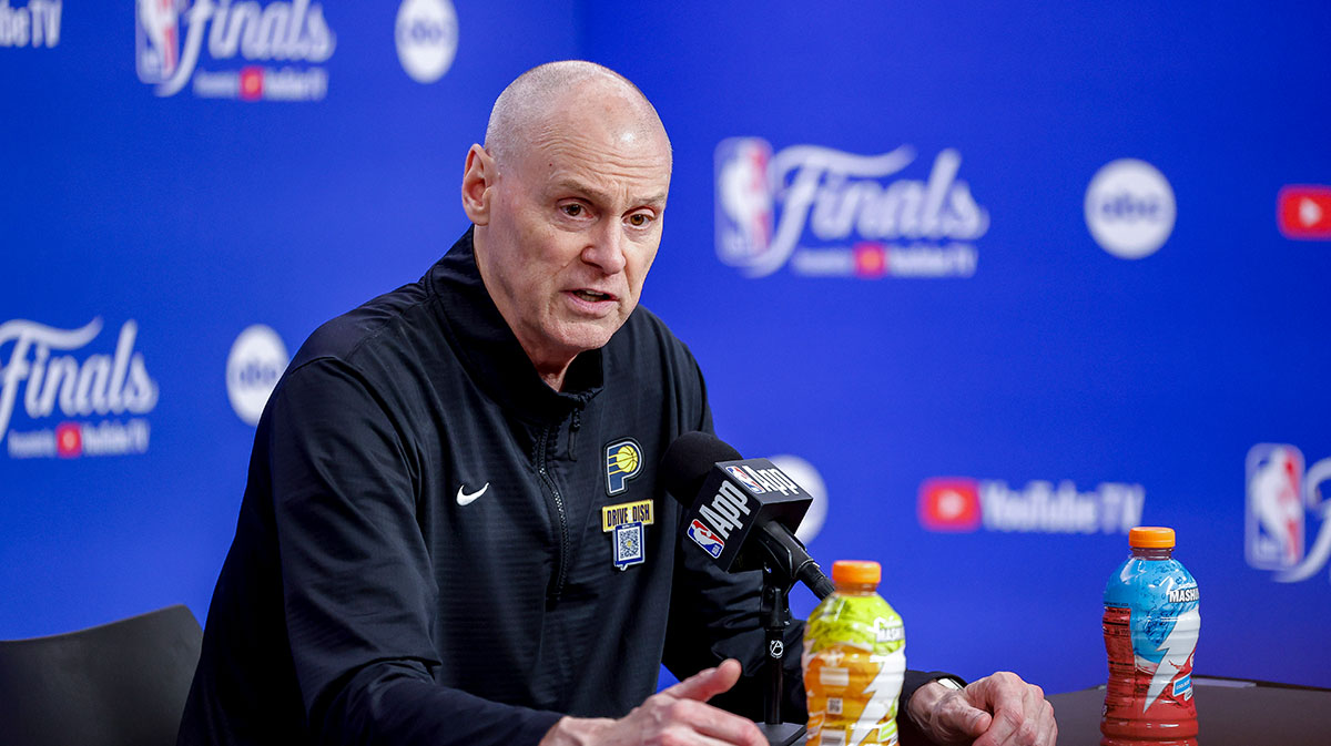 Indiana Pacers head coach Rick Carlisle speaks to the media after the Pacers defeat the Oklahoma City Thunder during game one of the 2025 NBA Finals at Paycom Center.