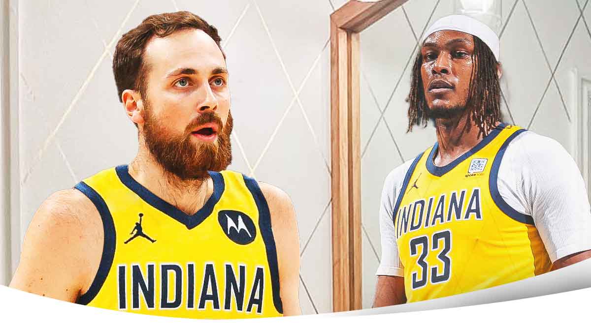 Jay Huff in Pacers uniform looking at mirror, with Myles Turner looking back as his reflection