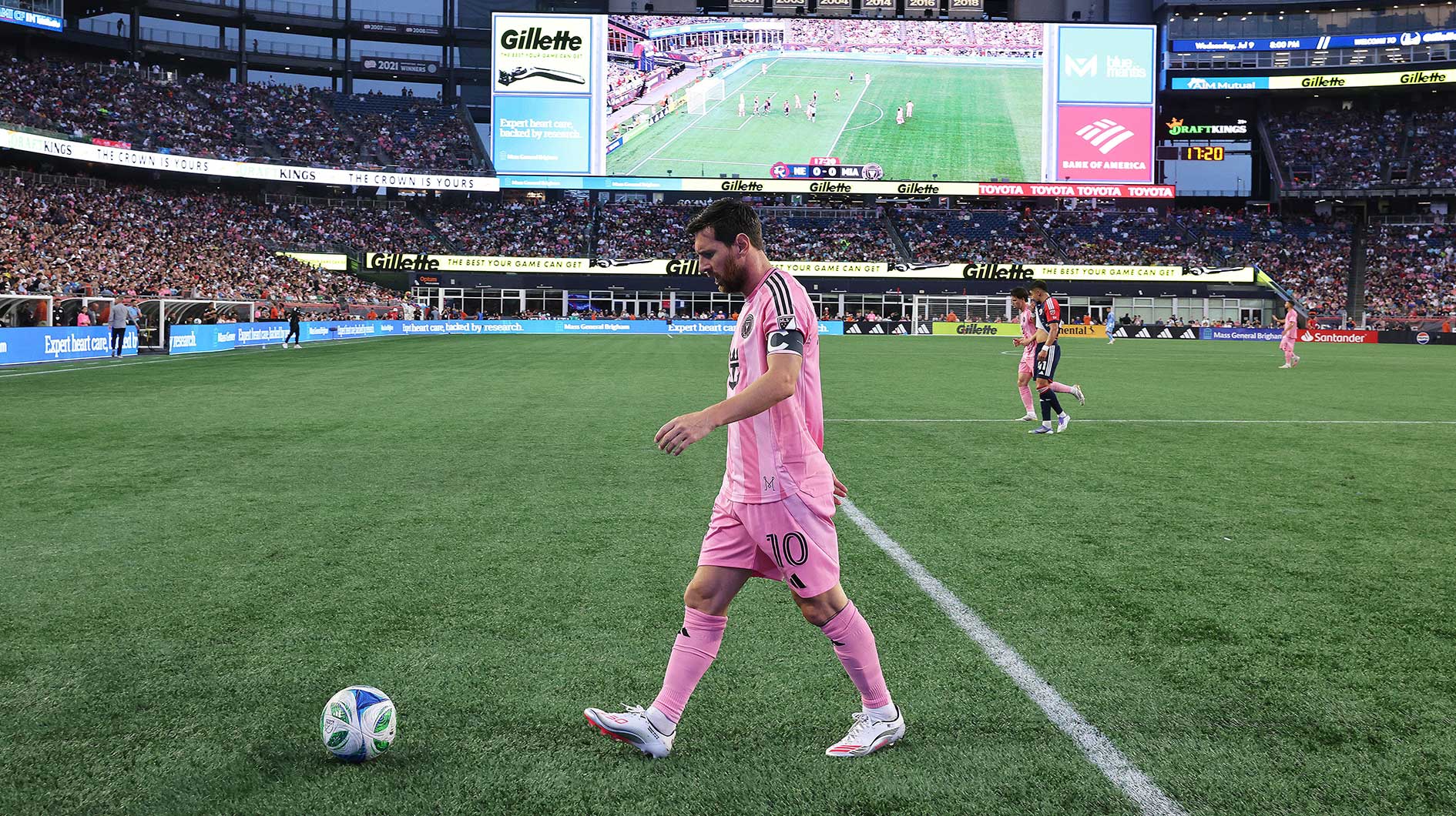 Inter Miami CF player Lionel Messi walks over to take a corner kick against the New England Revolution at Gillette Stadium Wednesday, July 9, 2025. Lionel Messi made MLS history in the game.