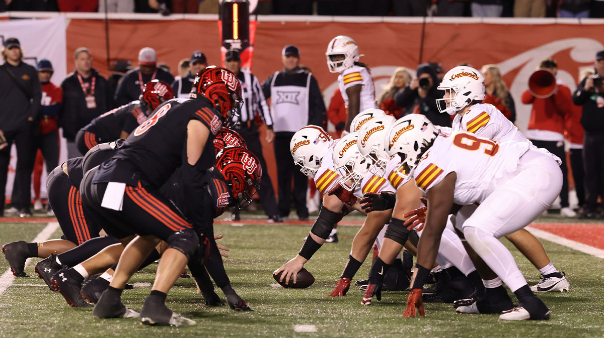 The Utah Utes lines up against the Iowa State Cyclones offense during the third quarter at Rice-Eccles Stadium.