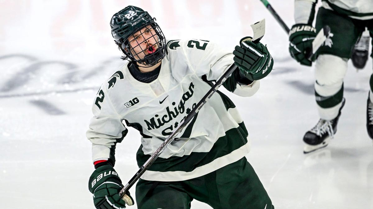Michigan State's Isaac Howard celebrates his goal against Notre Dame during the third period in the Big Ten tournament