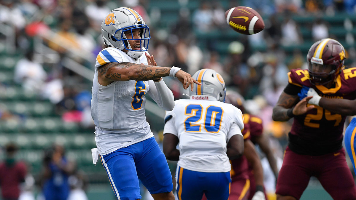 Albany State quarterback Isaiah Knowles (6) throws during a game against Central State in Rochester, N.Y., Saturday, Sept. 21, 2024.
