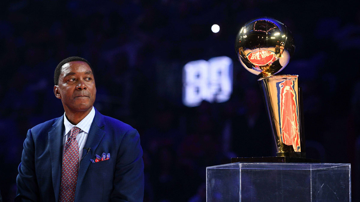 Detroit Pistons former player Isiah Thomas during a halftime show against the Portland Trail Blazers at Little Caesars Arena.