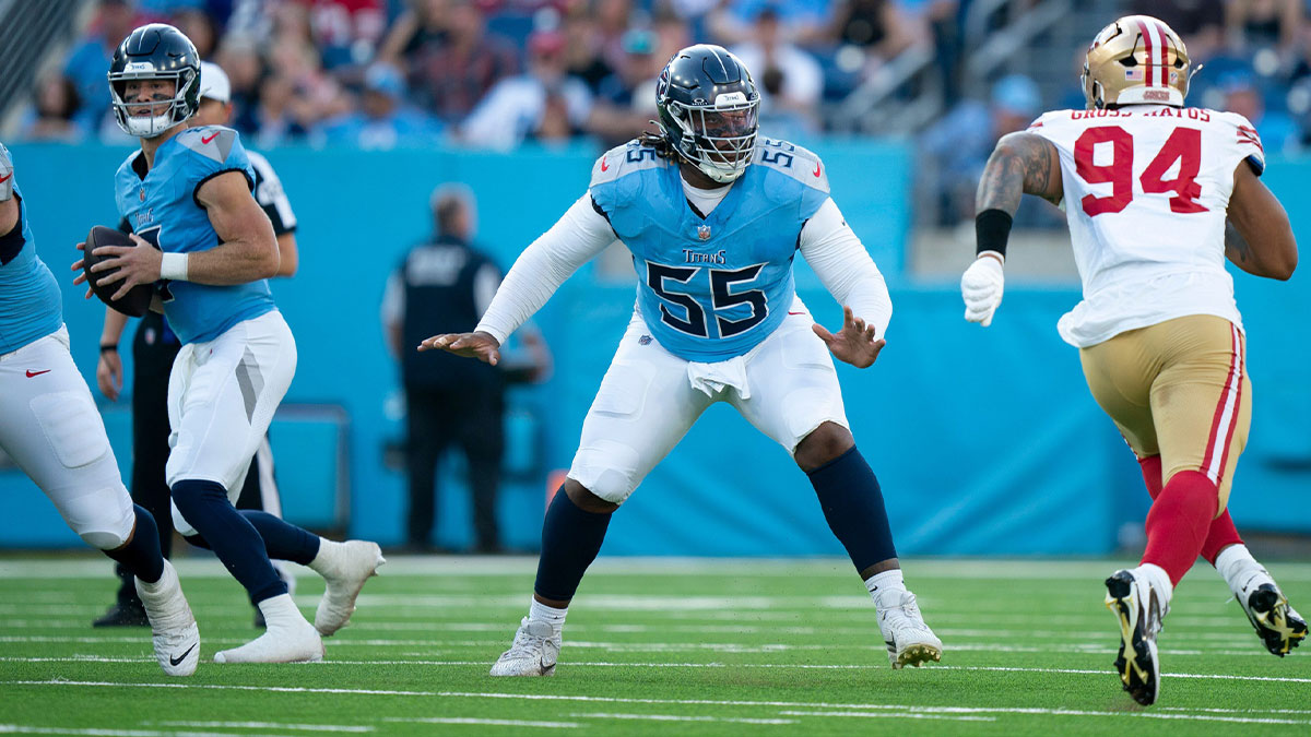 Tennessee Titans offensive tackle JC Latham (55) takes on San Francisco 49ers defensive end Yetur Gross-Matos (94) to give quarterback Will Levis (8) time to throw during their first preseason game of the 2024-25 season at Nissan Stadium Saturday, Aug. 10, 2024.