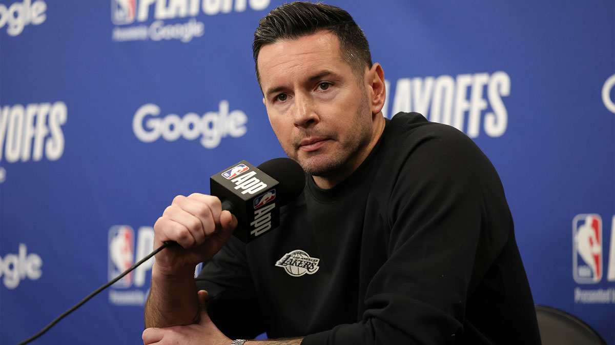 Los Angeles Lakers head coach JJ Redick speaks to media before a game two of first round for the 2024 NBA Playoffs against the Minnesota Timberwolves at Crypto.com Arena.