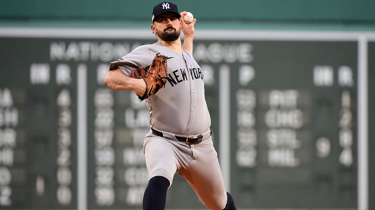 New York Yankees starting pitcher Carlos Rodon (55) pitches during the first inning against the Boston Red Sox at Fenway Park. Mandatory Credit: Bob DeChiara-Imagn Images