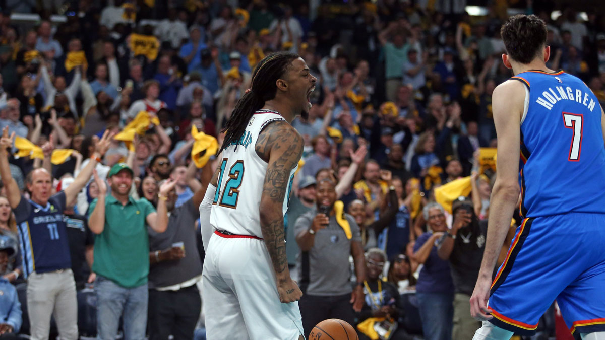 Memphis Grizzlies guard Ja Morant (12) reacts after a dunk during the second quarter against the Oklahoma City Thunder during game three for the first round of the 2024 NBA Playoffs at FedExForum.