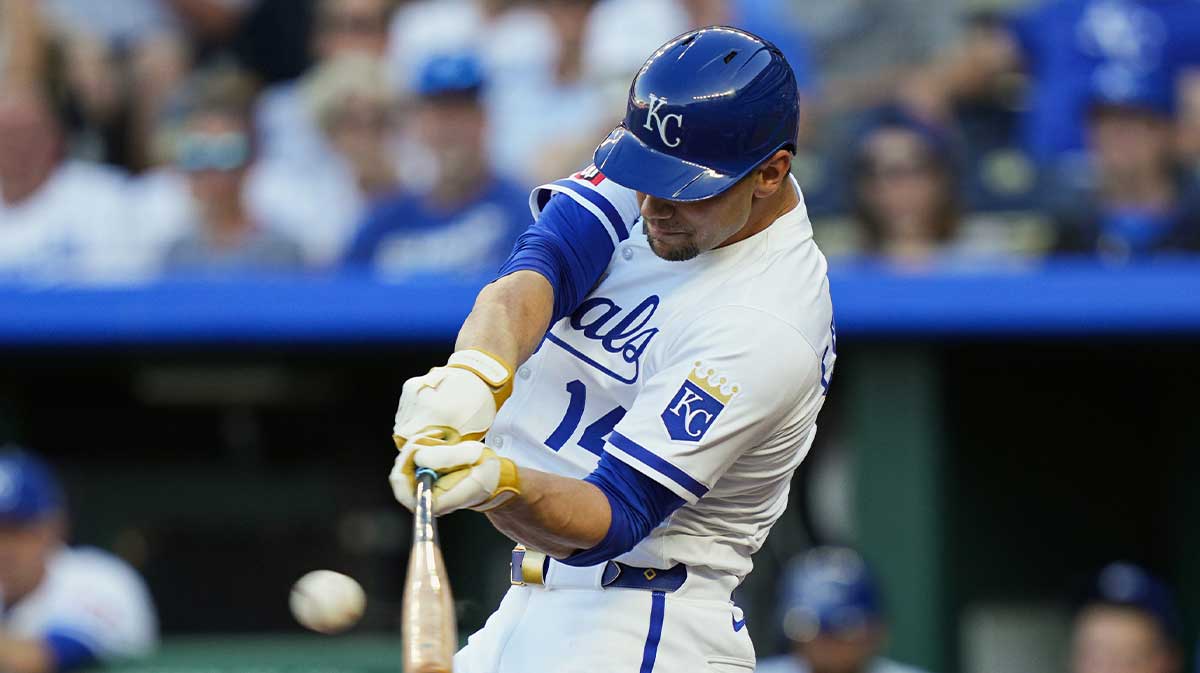 Jul 8, 2025; Kansas City, Missouri, USA; Kansas City Royals right fielder Jac Caglianone (14) hits a home run during the second inning against the Pittsburgh Pirates at Kauffman Stadium. 