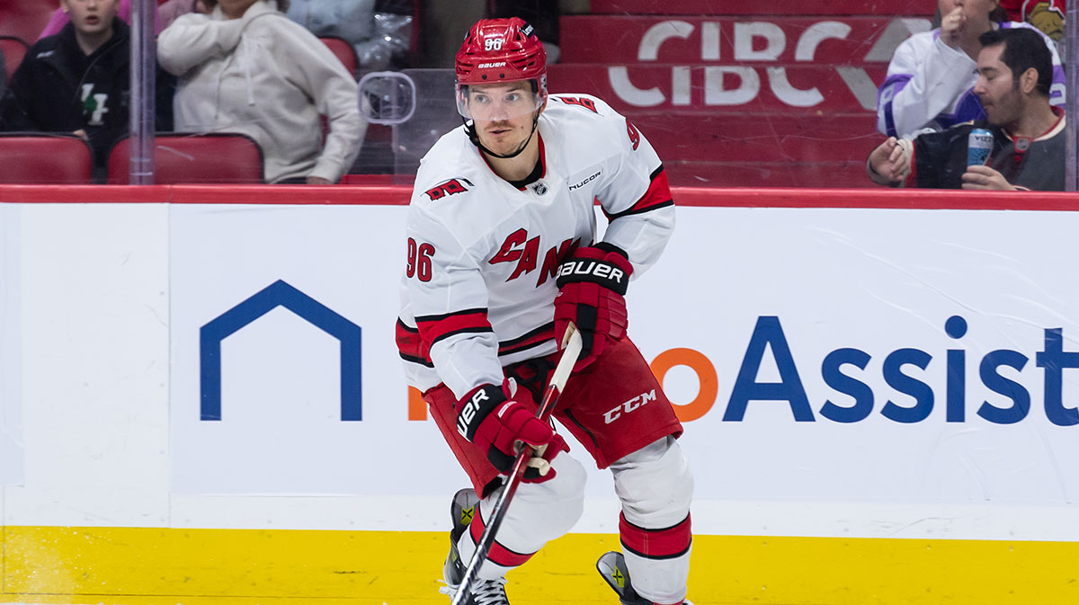 Carolina Hurricanes center Jack Roslovic (96) skates with the puck in the second period against the Ottawa Senators at the Canadian Tire Centre.