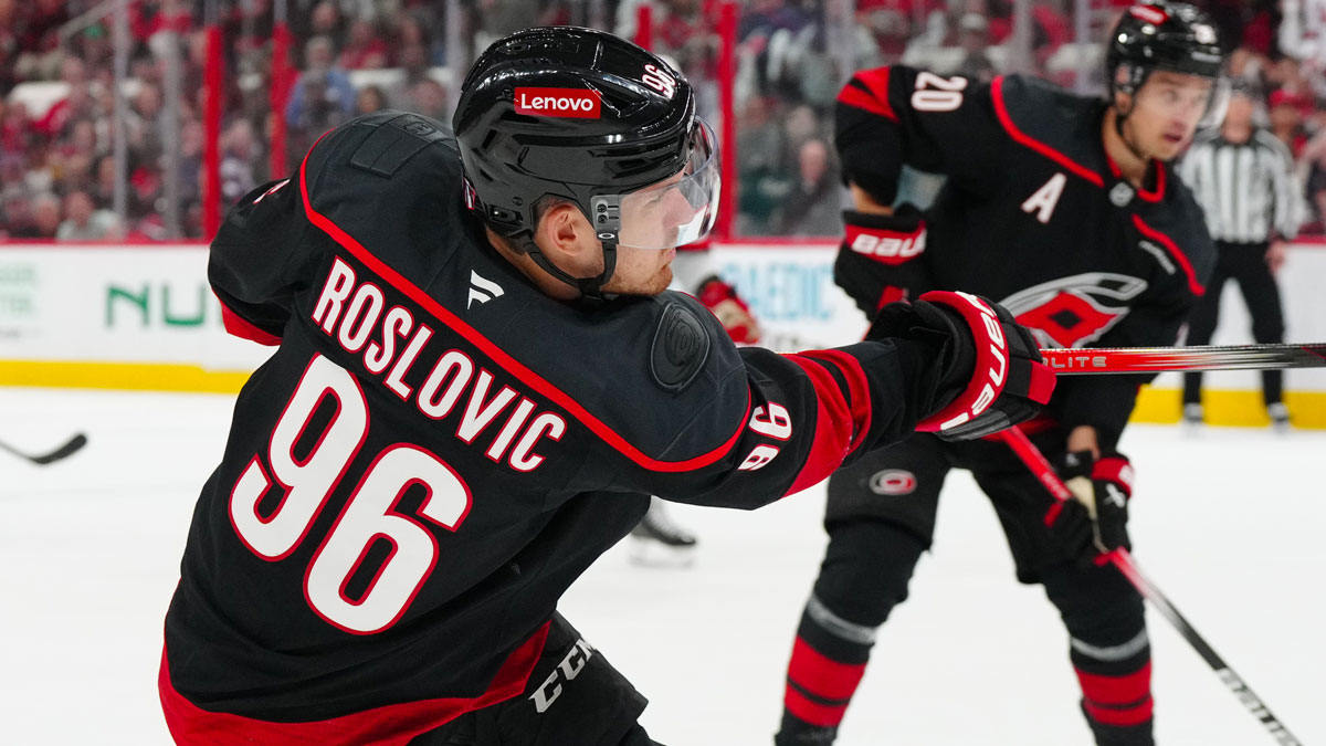 Carolina Hurricanes center Jack Roslovic (96) takes a shot against the New Jersey Devils during the first period in game two of the first round of the 2025 Stanley Cup Playoffs at Lenovo Center