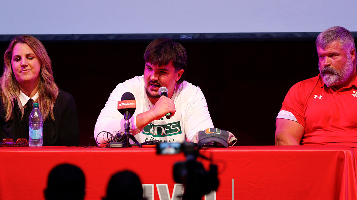 Nixa High School offensive tackle Jackson Cantwell, the No. 1 ranked high school football recruit for the class of 2026, announced he will play football at Miami during a ceremony on Tuesday, May 13, 2025.