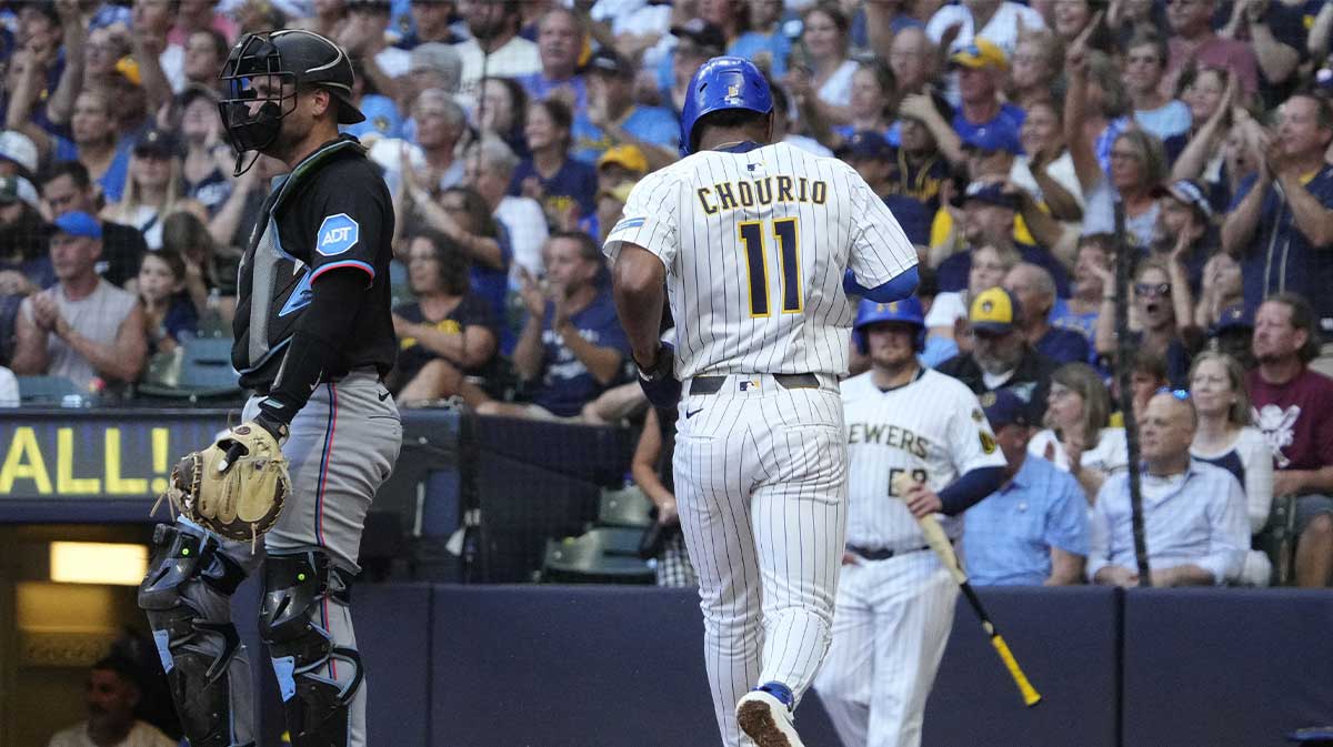 Milwaukee Brewers outfielder Jackson Chourio (11) scores a run against the Milwaukee Brewers in the fourth inning at American Family Field.