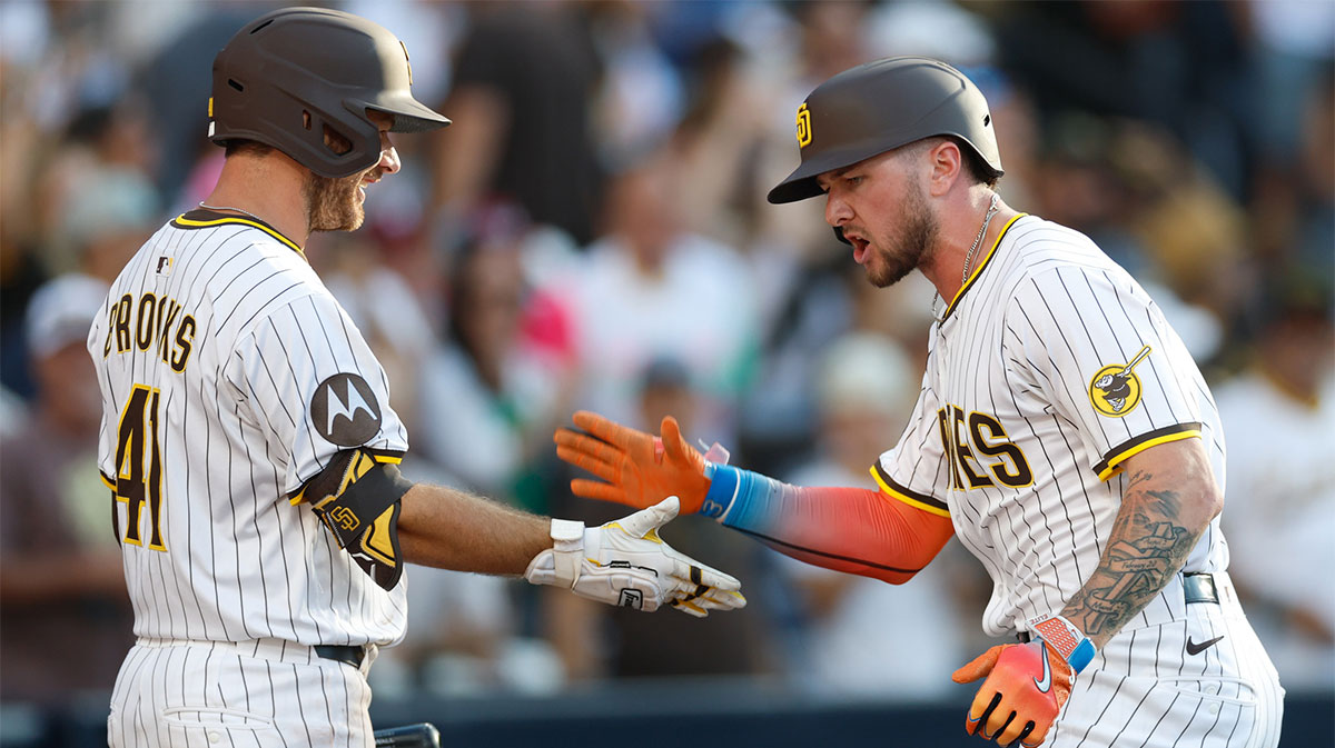 San Diego Padres center fielder Jackson Merrill (3) celebrates with designated hitter Trenton Brooks (41) after hitting a home run during the sixth inning against the Philadelphia Phillies at Petco Park.
