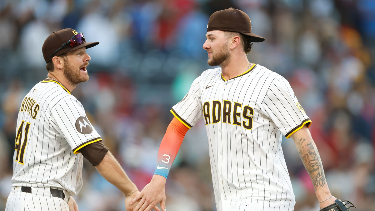 San Diego Padres center fielder Jackson Merrill (3) celebrates with designated hitter Trenton Brooks (41) after defeating the Philadelphia Phillies at Petco Park.