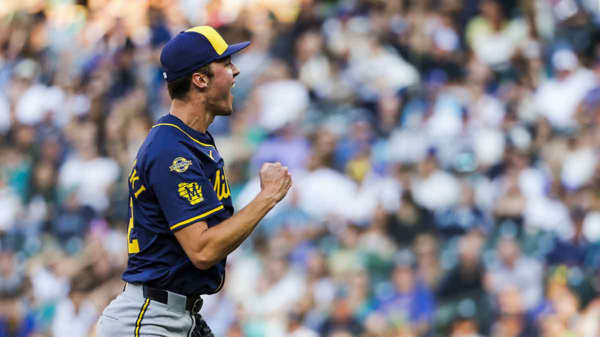Milwaukee Brewers starting pitcher Jacob Misiorowski (32) reacts following a strikeout to end the second inning against the Seattle Mariners at T-Mobile Park.