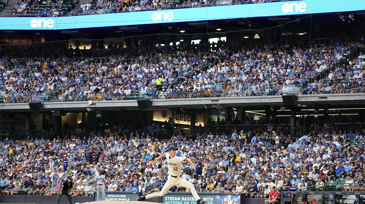 Milwaukee Brewers pitcher Jacob Misiorowski (32) throws a pitch during the first inning against the Los Angeles Dodgers at American Family Field.