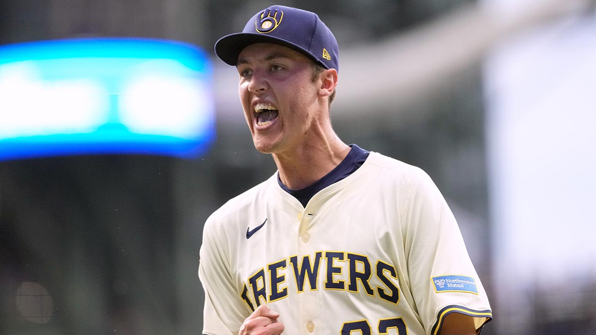 Milwaukee Brewers pitcher Jacob Misiorowski (32) reacts after earning the final out of the sixth inning against the Los Angeles Dodgers at American Family Field.