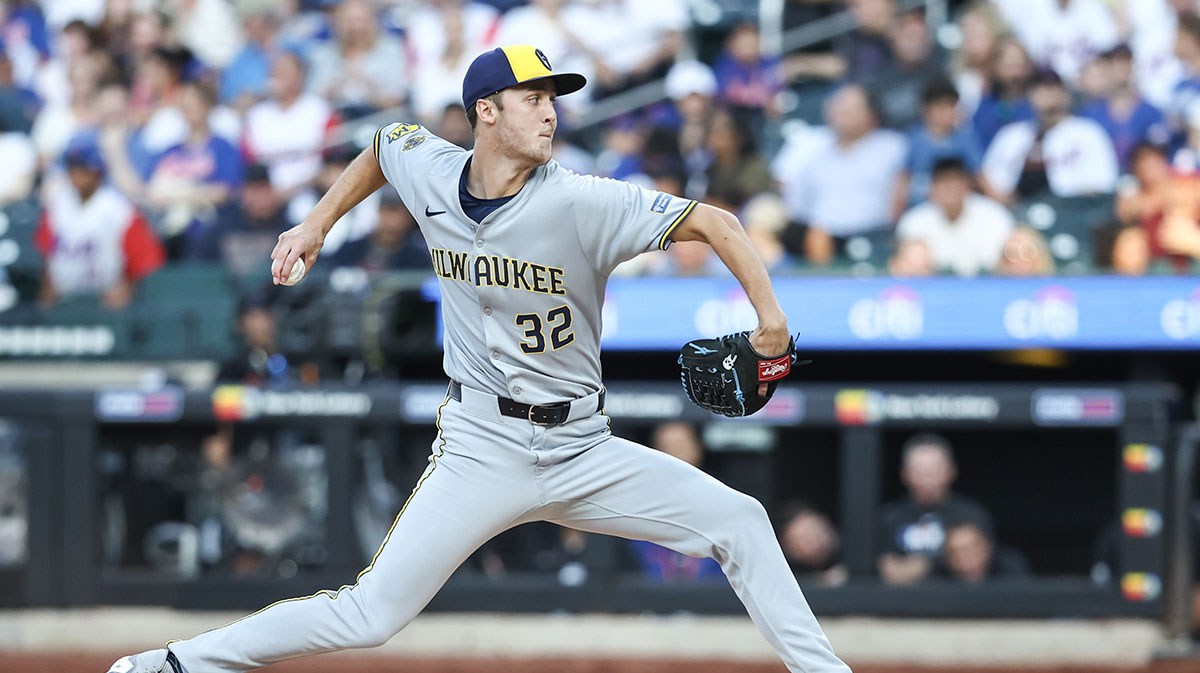 Jul 2, 2025; New York City, New York, USA; Milwaukee Brewers starting pitcher Jacob Misiorowski (32) pitches in the first inning against the New York Mets at Citi Field.