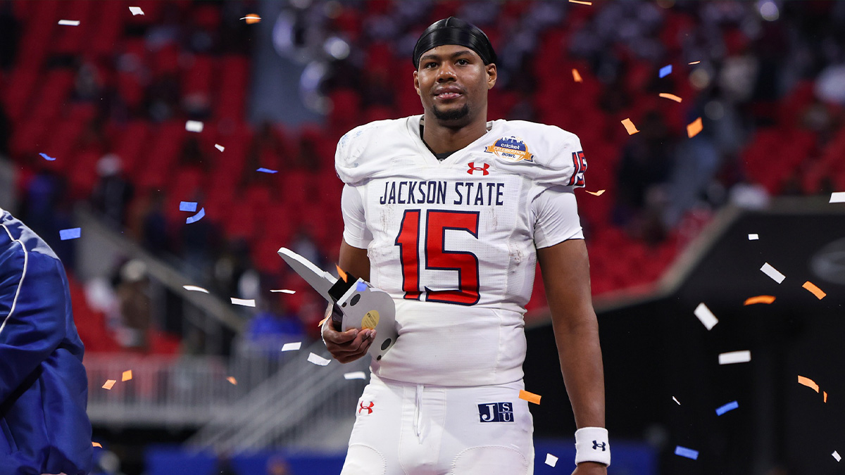 Jackson State Tigers quarterback Jacobian Morgan (15) celebrates after a victory over the South Carolina State Bulldogs