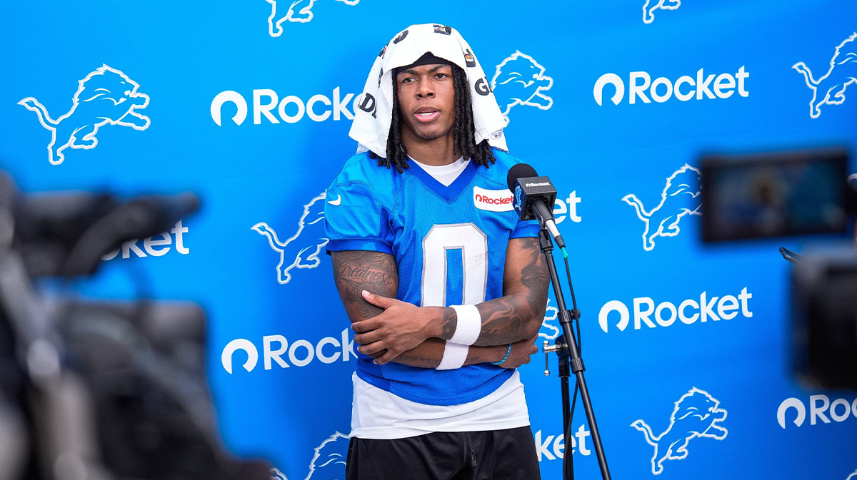 Detroit Lions running back Jahmyr Gibbs (0) speaks to media after practice during training camp at Meijer Performance Center in Allen Park on Sunday, July 20, 2025.