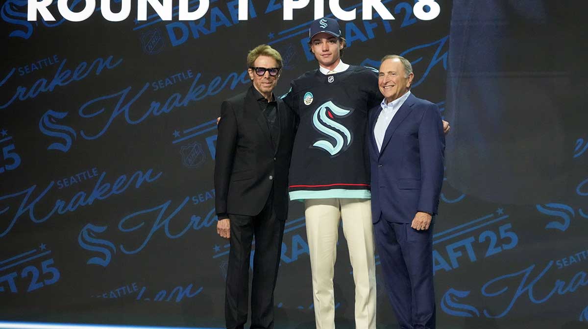 Jake O'Brien is selected as the eighth overall pick to the Seattle Kraken in the first round of the 2025 NHL Draft at Peacock Theater.
