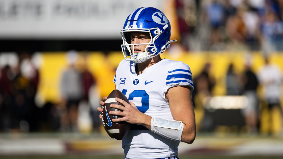 Brigham Young Cougars quarterback Jake Retzlaff (12) against the Arizona State Sun Devils at Mountain America Stadium.