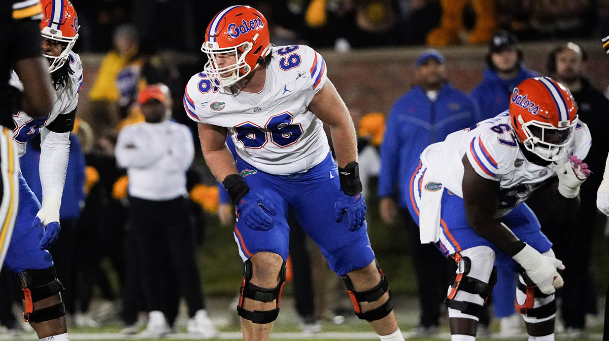 Florida Gators offensive lineman Jake Slaughter (66) at the line of scrimmage against the Missouri Tigers during the game at Faurot Field at Memorial Stadium.