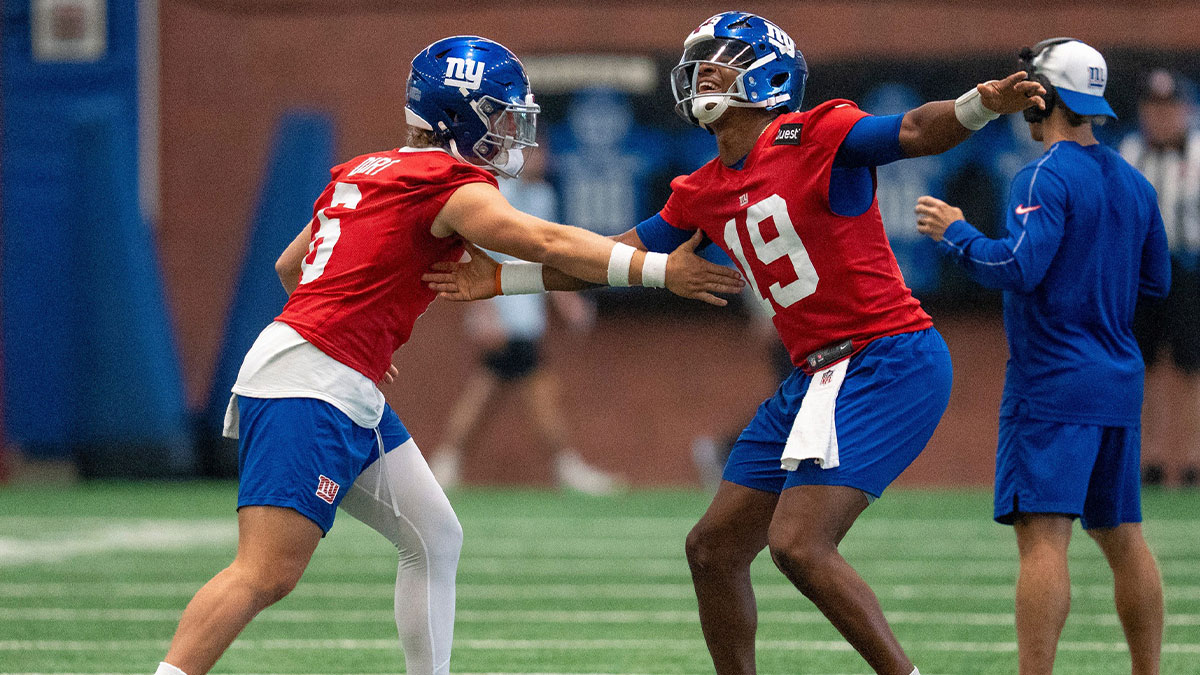 New York Giants quarterback Jaxson Dart (6) and New York Giants quarterback Jameis Winston (19) perform a handshake together during Mandatory Minicamp at Quest Diagnostics Giants Training Center in East Rutherford on Tuesday, June 17, 2025.